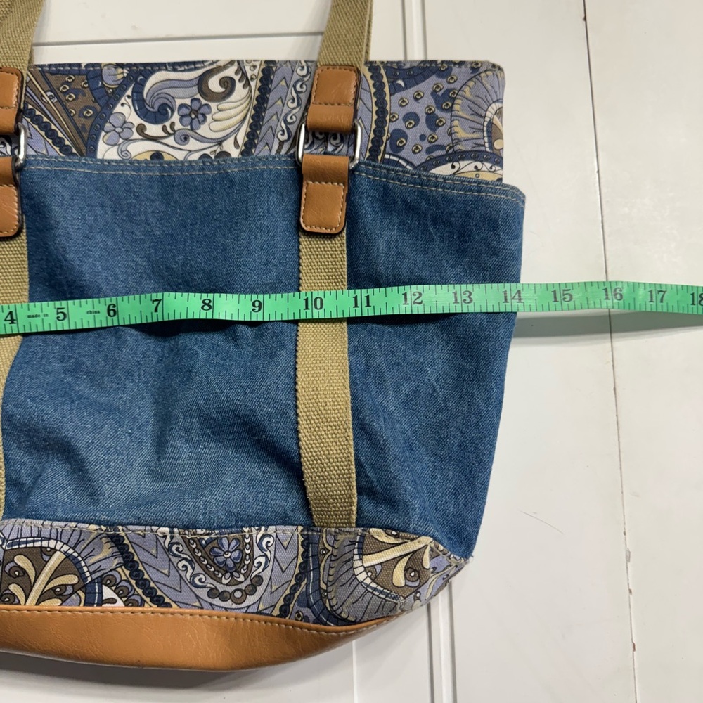 Denim Purse Satchel Shoulder Bag Paisley Print Blue Faux Leather Cotton - Picture 3 of 7